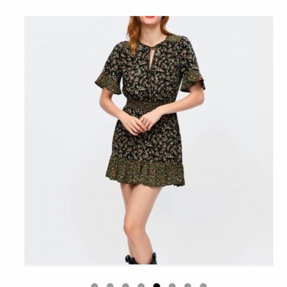 Zara Peasant Boho Black Multi Floral Tiered Ruffle Mini Sundress Tie Front Small - Picture 1 of 12